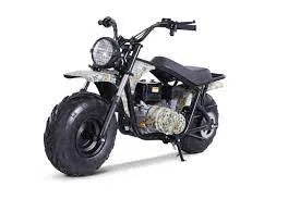 Mini dirt bike with camo print, wide tires, and round headlight on white background