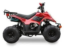 Red four-wheel ATV with large tires on a white background