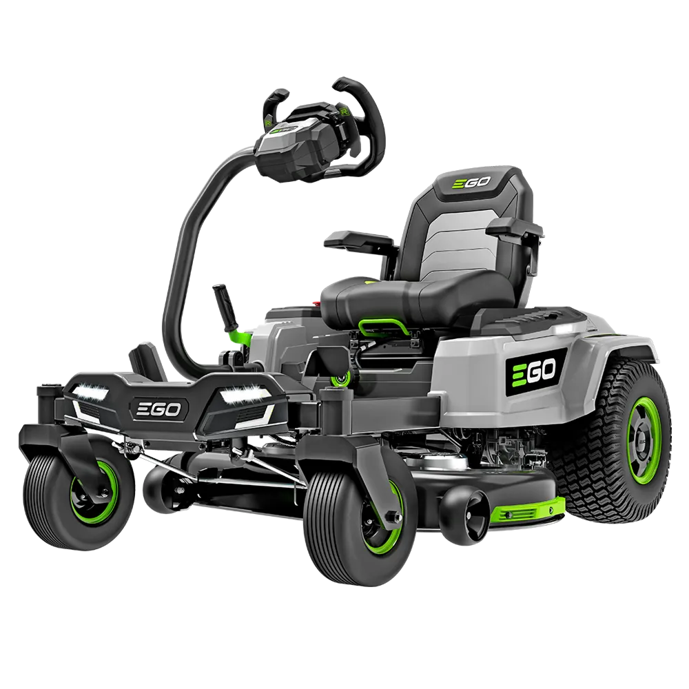 Electric zero turn riding lawn mower with LED headlights and ergonomic seat