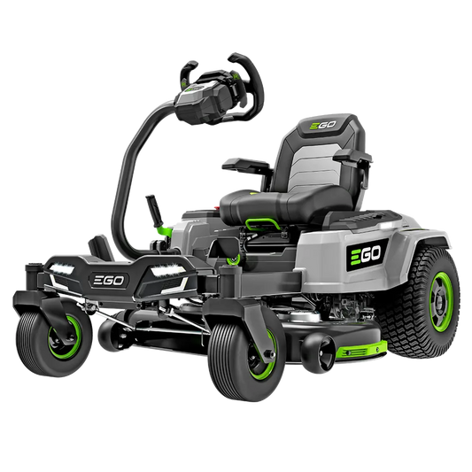 Electric zero turn riding lawn mower with LED headlights and ergonomic seat