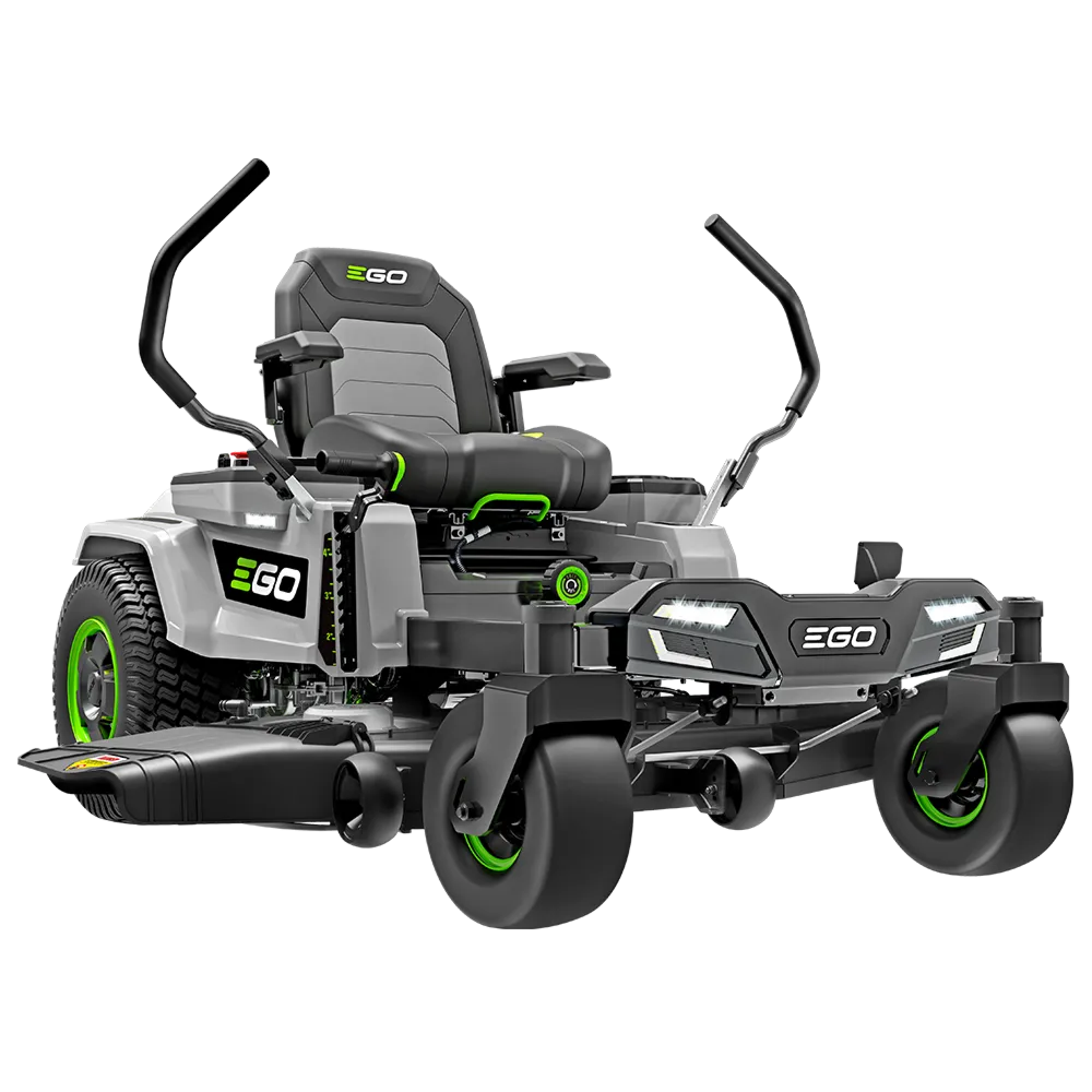 Electric zero turn riding mower with ergonomic seat and LED headlights on a white background