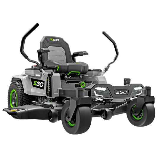 Electric zero turn riding mower with ergonomic seat and LED headlights on a white background