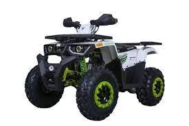 Youth ATV with black and green wheels, rugged tires, and modern white body design