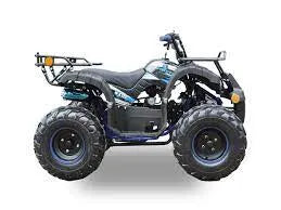 Black youth ATV with blue accents, rugged tires, and rear cargo rack on white background