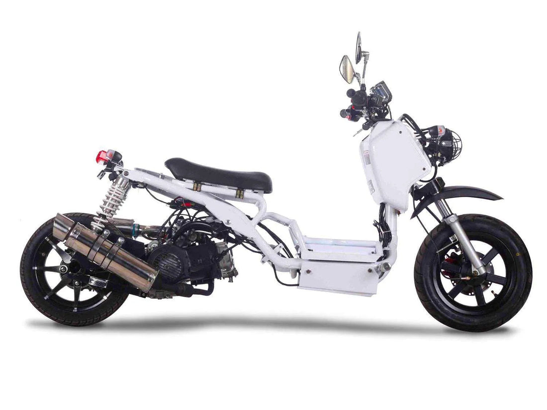 White gas powered scooter with exposed engine, black seat, alloy wheels, and rear shocks