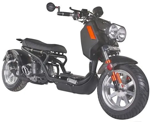 Black gas-powered scooter with dual headlights and fat tires, affordable motorbike option