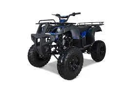 Black and blue youth ATV with rugged tires and front grille, photographed on white background.