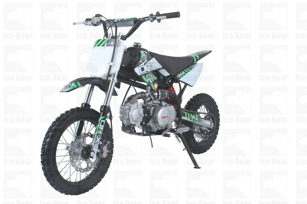 Youth off-road dirt bike with knobby tires, black and green graphics, side kickstand