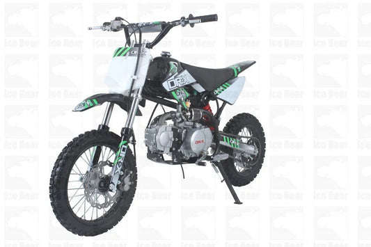 Youth off-road dirt bike with knobby tires, black and green graphics, side kickstand