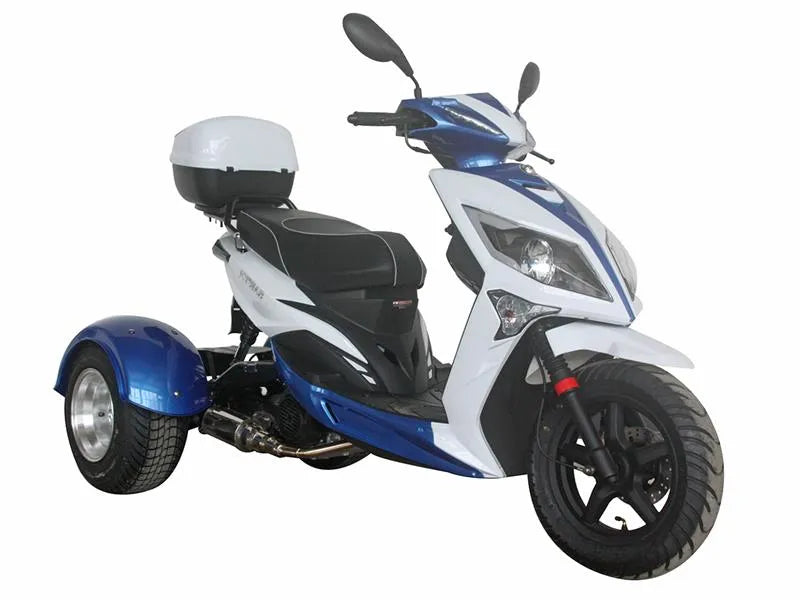Blue and white three-wheel scooter with cargo box on a white background