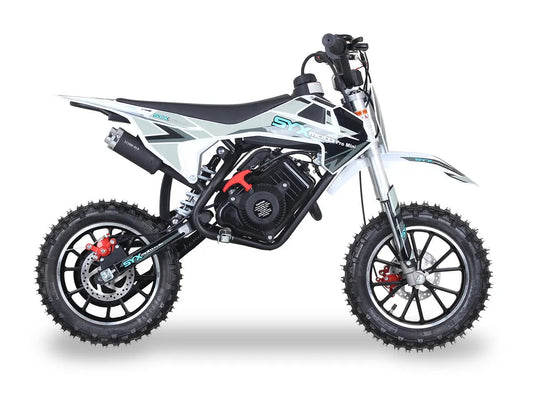Youth dirt bike with knobby tires and SYX Moto Pro Mini graphics, side view on white background