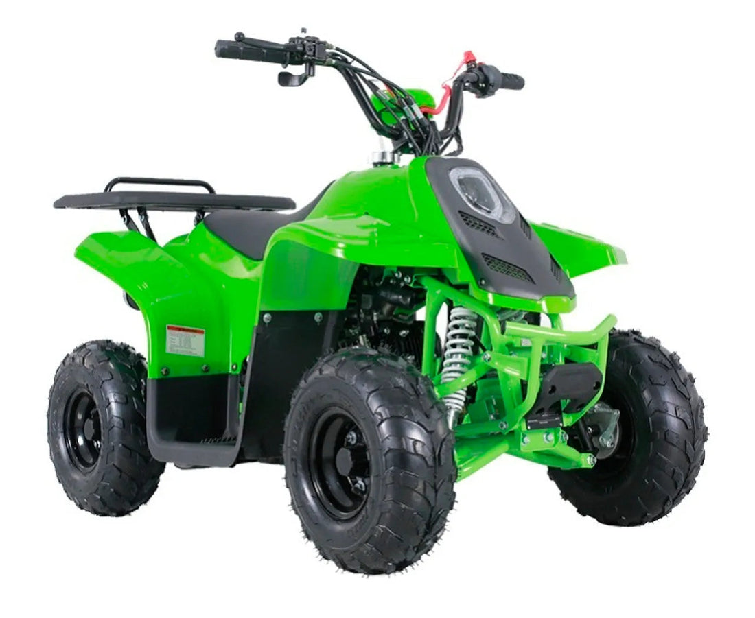 Green youth ATV with rugged tires and black seat on white background