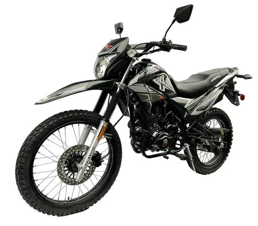 Black off-road dirt bike with knobby tires and angular bodywork on white background