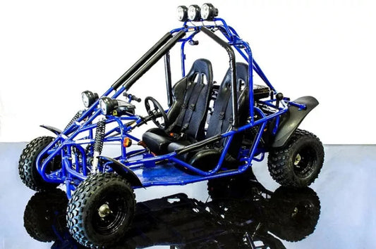 Blue two-seater off-road go-kart with roll cage, knobby tires, and mounted headlights