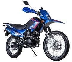 Blue off-road dirt bike with knobby tires and front disc brake, shown on white background