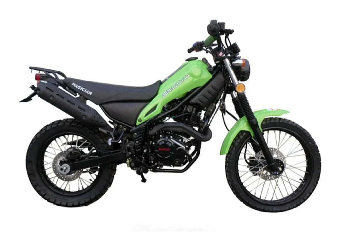 Green Q9 PowerSports Magician dirt bike, side view, off-road tires, white background.