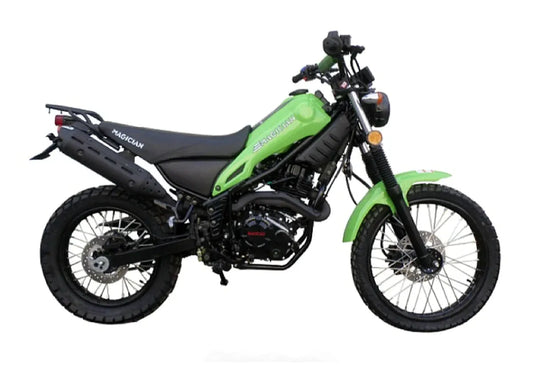 Green dirt bike motorcycle with off-road tires and visible Magician branding on the seat