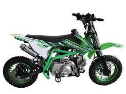 Green and black dirt bike with off-road tires and sporty graphics, side view