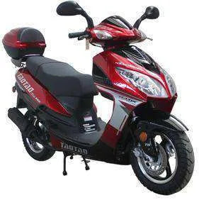 Red and black TaoTao scooter with storage trunk, front headlights, and sporty design