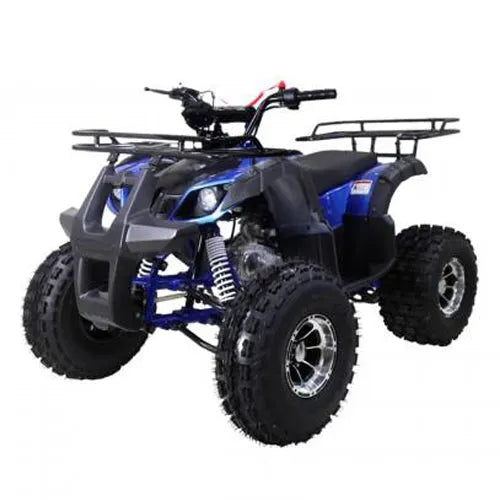 Blue and black all-terrain ATV with rugged tires and front racks on white background