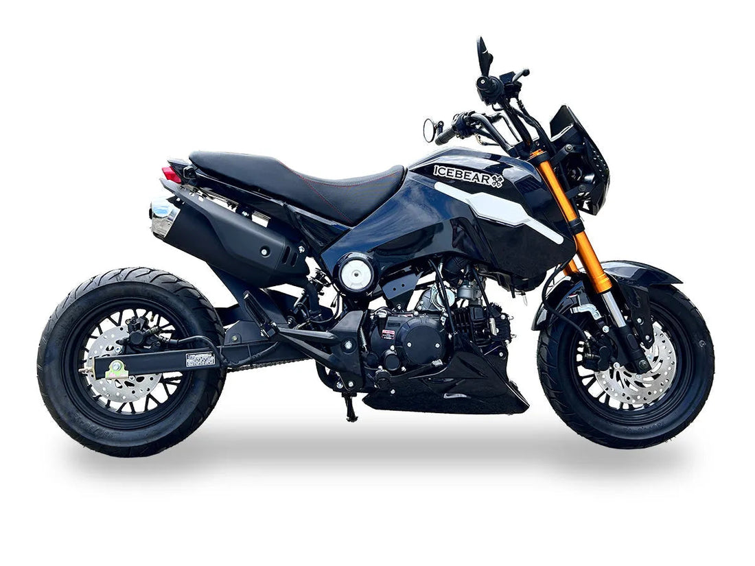 Black mini street motorcycle with disc brakes and sporty design on a white background