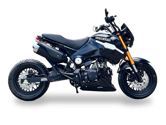 Black mini street motorcycle with disc brakes and sporty design on a white background