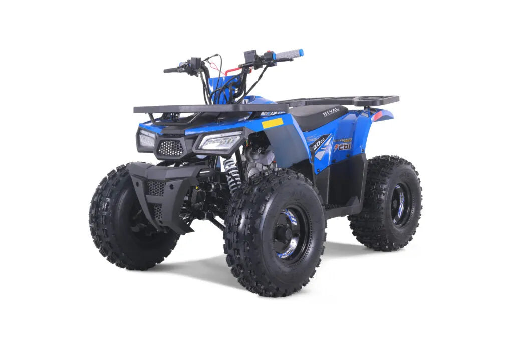Blue 200cc ATV quad bike with rugged tires on white background, youth off-road vehicle