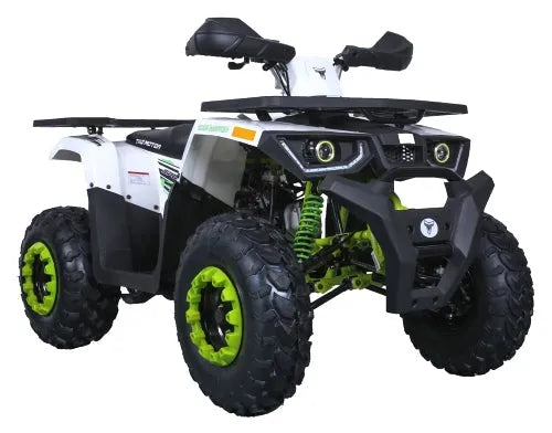White and black ATV with green accents, off-road tires, and rugged front bumper