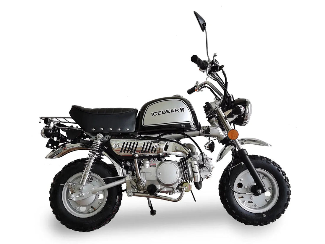 Icebear mini bike with black seat, off-road tires, and chrome details on white background
