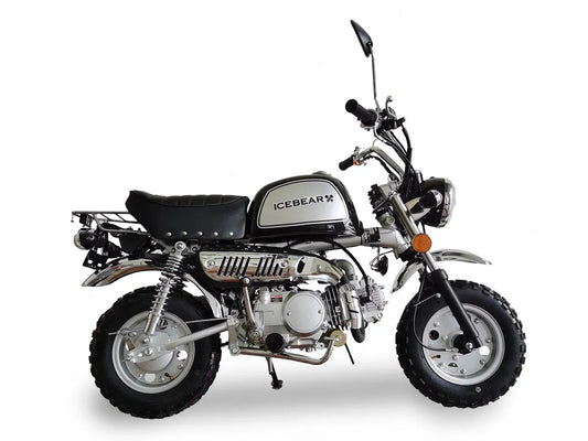 Icebear mini bike with black seat, off-road tires, and chrome details on white background