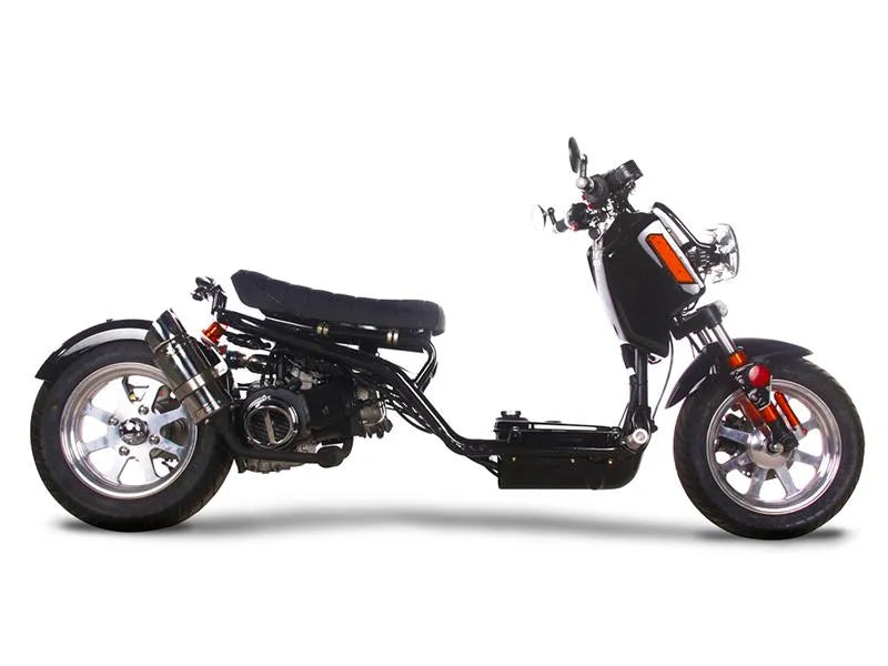 Black gas-powered scooter with minimalist frame, large tires, and chrome accents, side view.