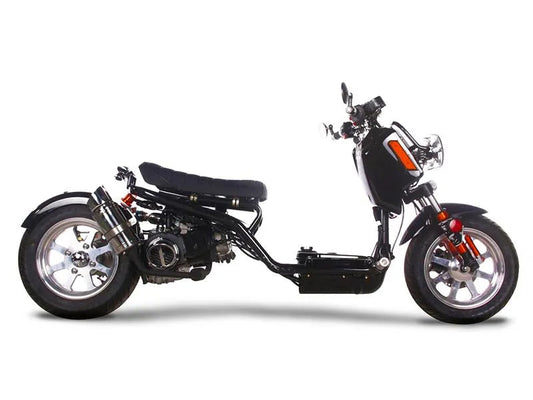 Black gas-powered scooter with minimalist frame, large tires, and chrome accents, side view.