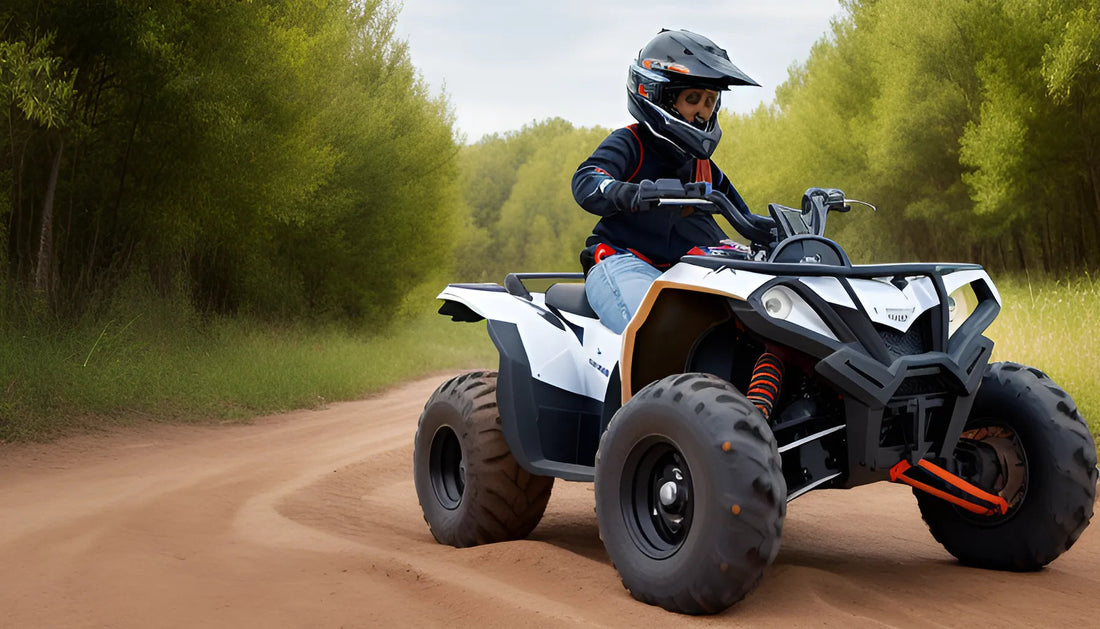 Youth riding a white ATV on a dirt road, surrounded by green trees, wearing a helmet.