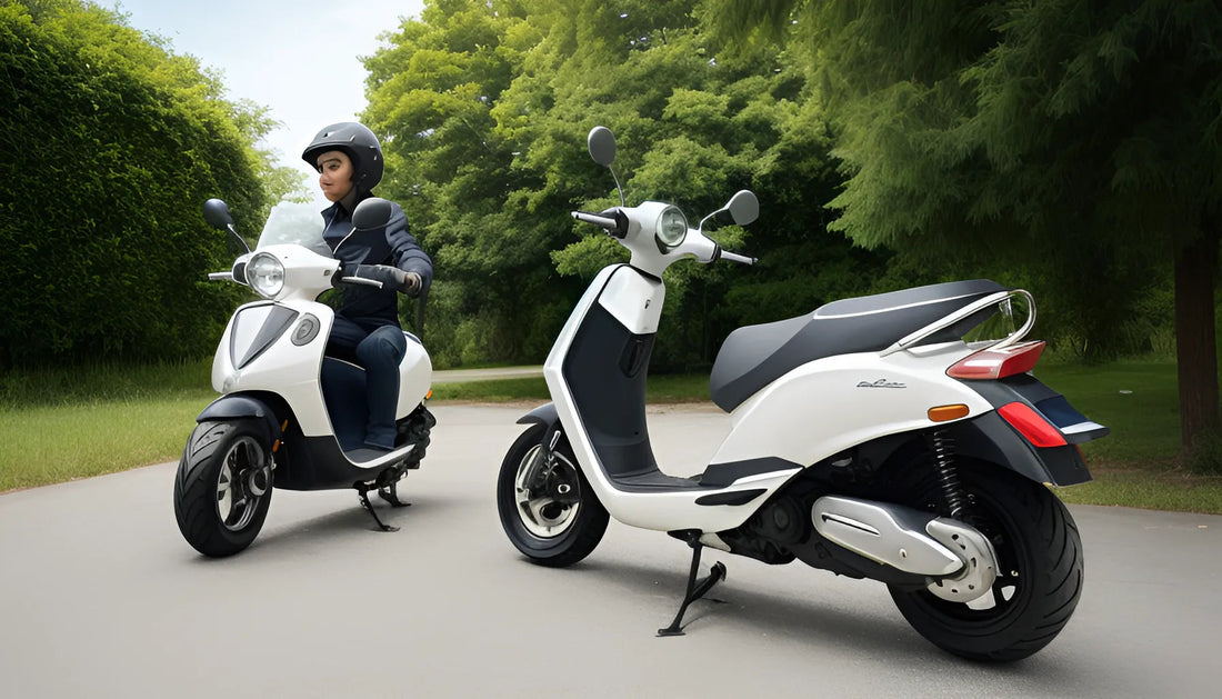White gas scooters with rider in helmet, parked on tree-lined outdoor road