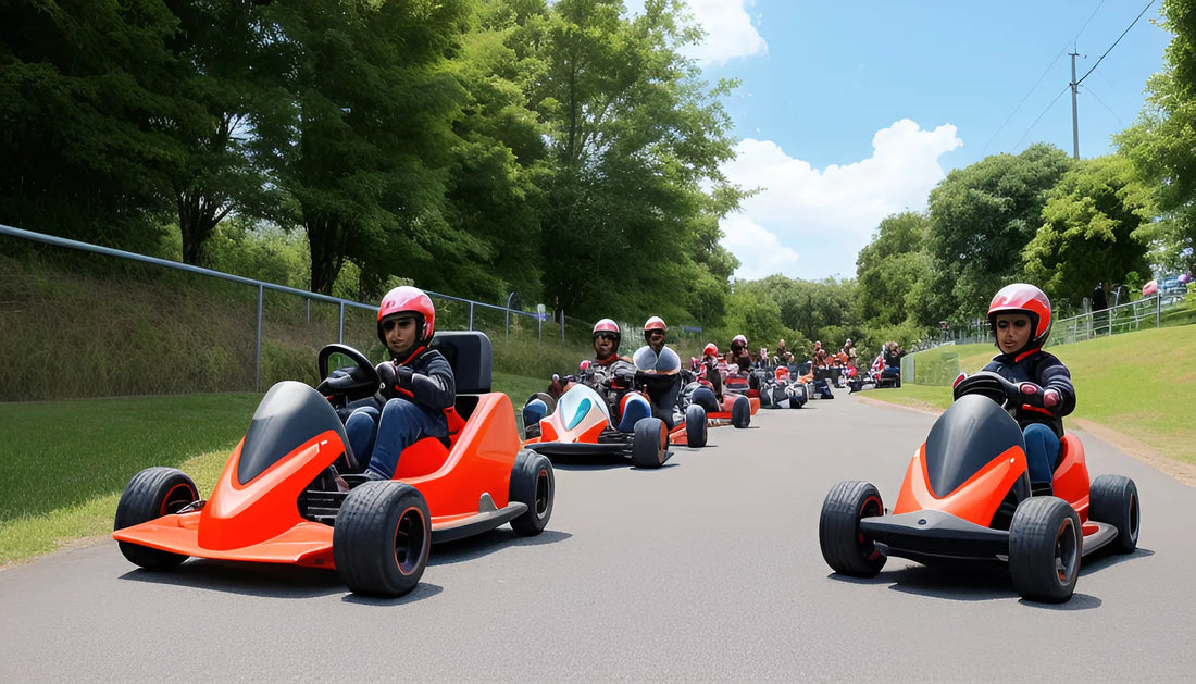 Kids and adults riding red go-karts outdoors on a sunny day, wearing helmets for safety.