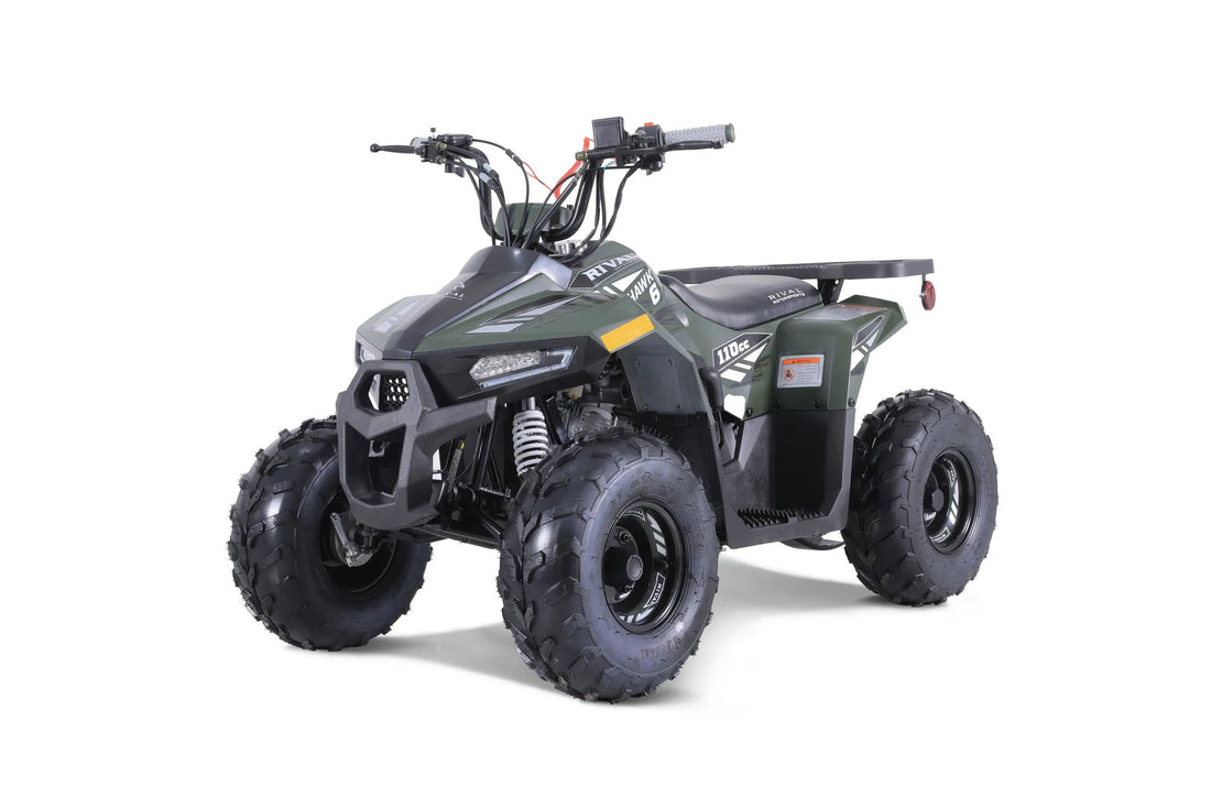 Green 110cc ATV four-wheeler with rugged tires, shown on a white background.