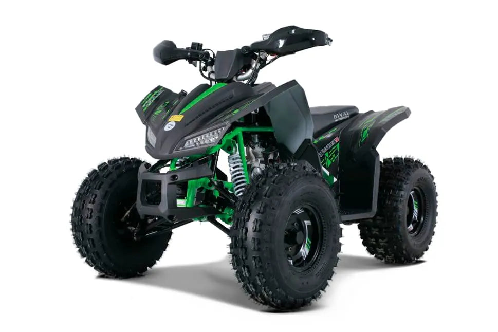 Green and black youth ATV with rugged tires and modern bodywork for off-road riding