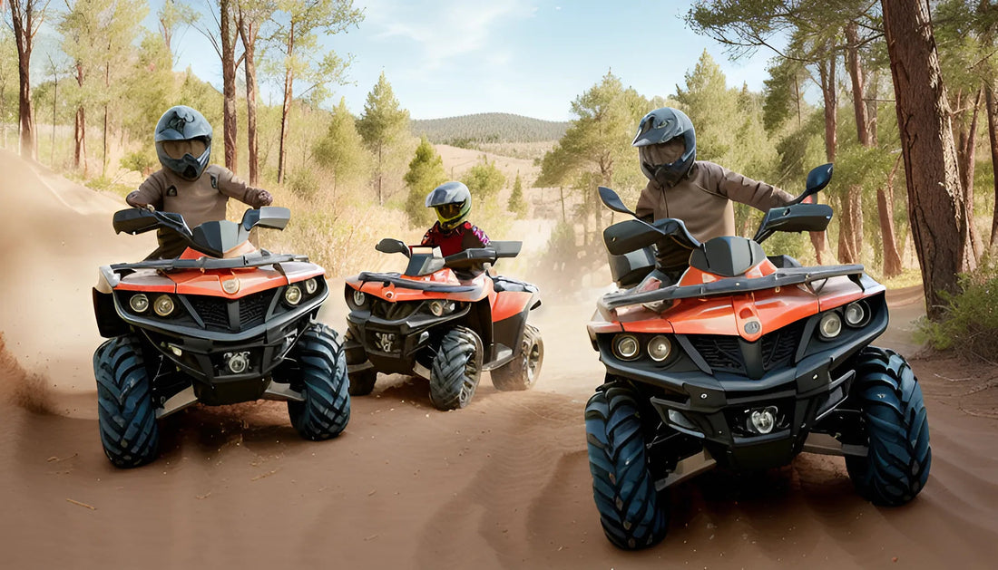 Three people riding red ATVs on a dirt trail in the forest, wearing helmets and gear