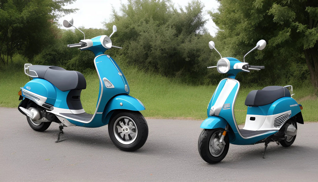 Two blue and white motor scooters parked on asphalt near green trees, perfect for city riding.