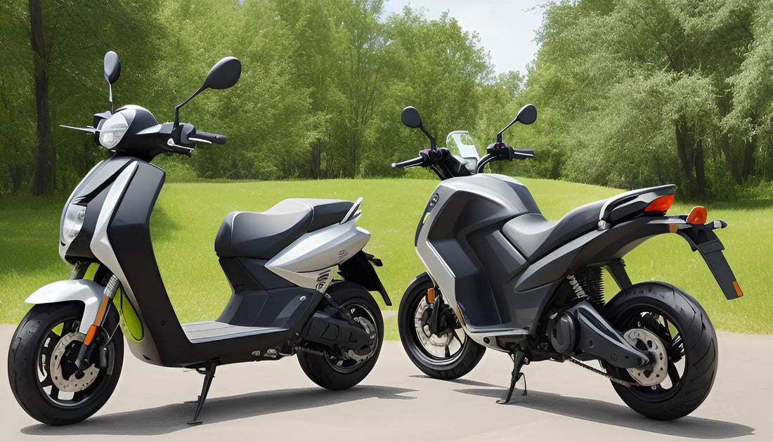 Two modern gray scooters from Q9 PowerSports USA parked on a sunny path with green trees.