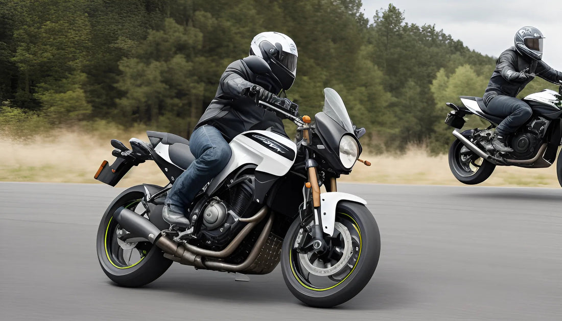Two riders wearing helmets on sport motorcycles, one turning and one airborne on a paved road with trees in the background.