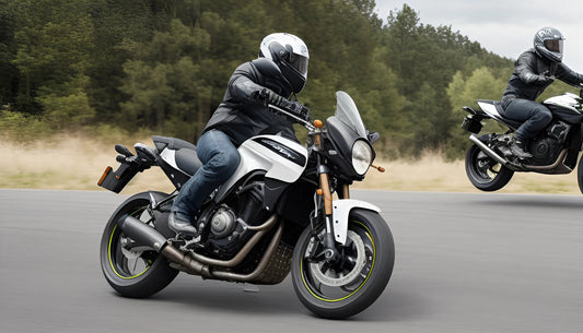 Two riders wearing helmets on sport motorcycles, one turning and one airborne on a paved road with trees in the background.