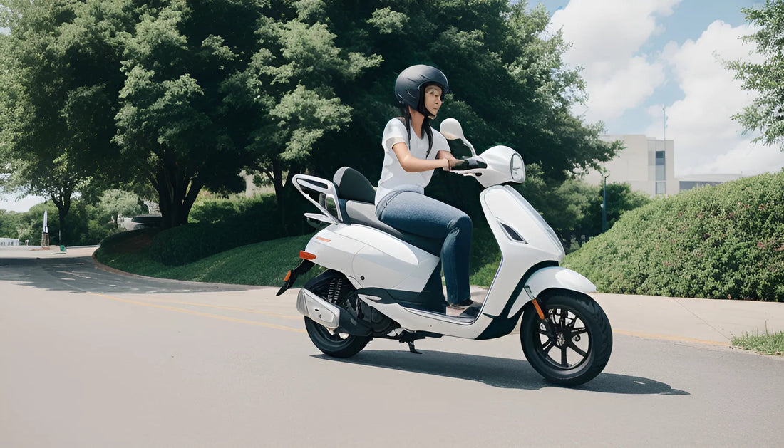 Woman riding a white scooter on a sunny street with trees and greenery in the background