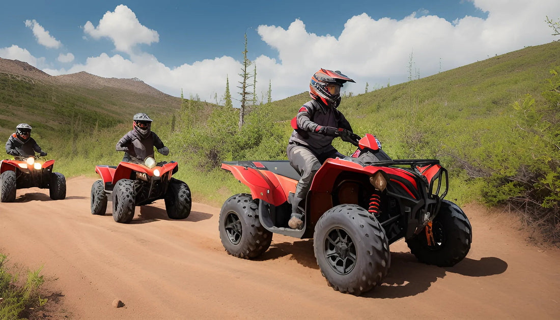 Two riders on red ATVs driving on a dirt trail in a scenic outdoor landscape
