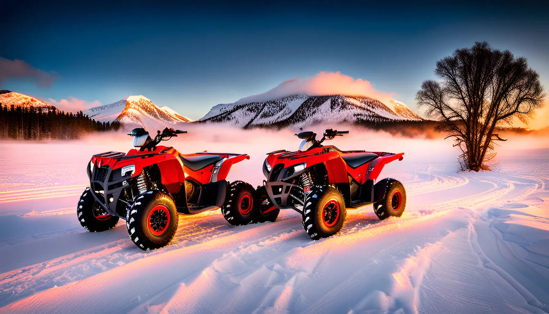 Two red ATVs parked on snowy terrain with mountains and sunrise in the background