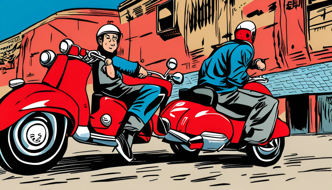Two people riding red scooters and wearing helmets on a city street, cartoon style.