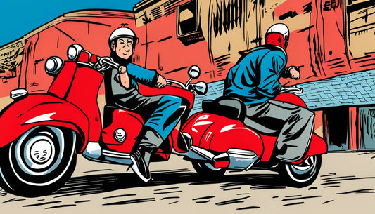 Two people riding red scooters and wearing helmets on a city street, cartoon style.