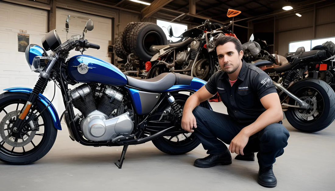 Man kneeling next to a blue motorcycle in a workshop with ATVs and bikes in the background