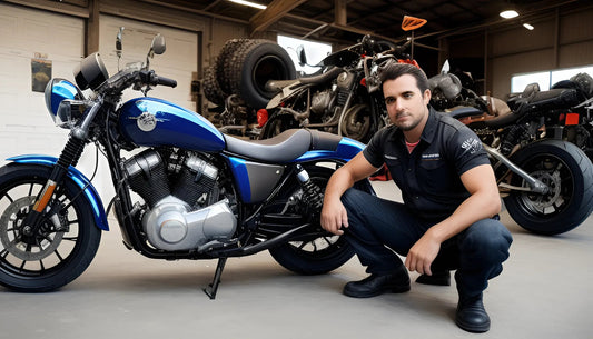 Man kneeling next to a blue motorcycle in a workshop with ATVs and bikes in the background