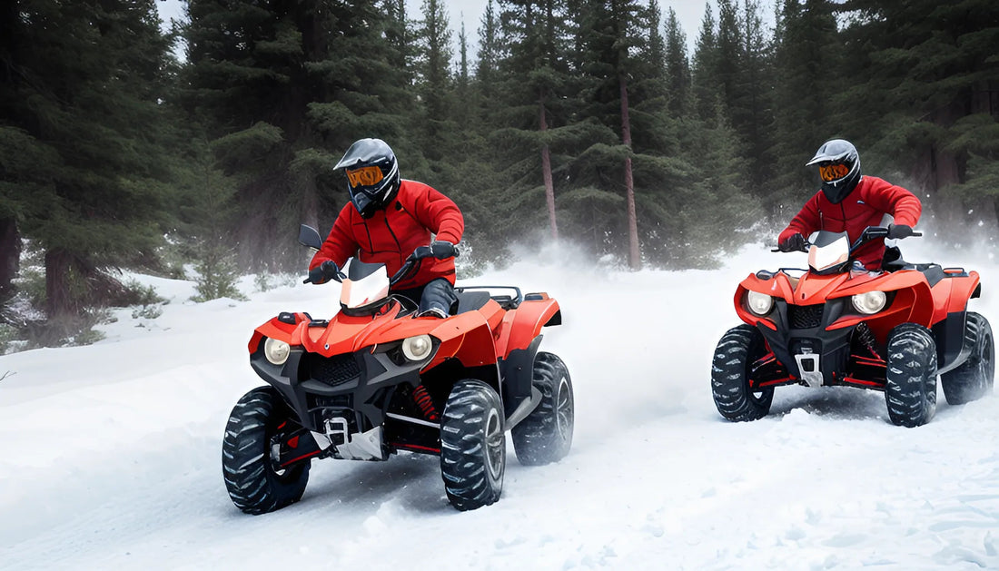 Two riders on red ATVs driving through snowy forest terrain, wearing helmets and jackets.